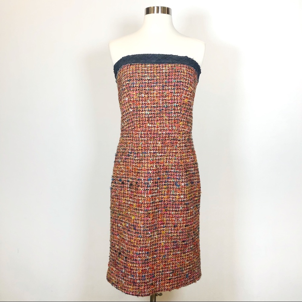 Trina Turk Size 4 Colorful Tweed with Denim Trim Strapless Dress